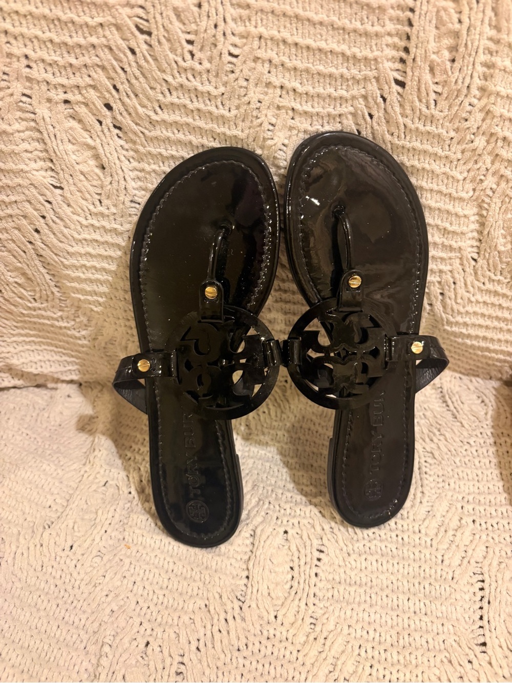 Tory Burch Black Patent Logo Thong Sandals